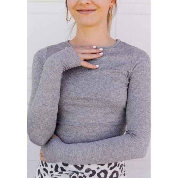 Celestial Bodiez NWT Cropped Long Sleeve Rise to Power Top in 'Smoke Gray' Mediu - Picture 1 of 8